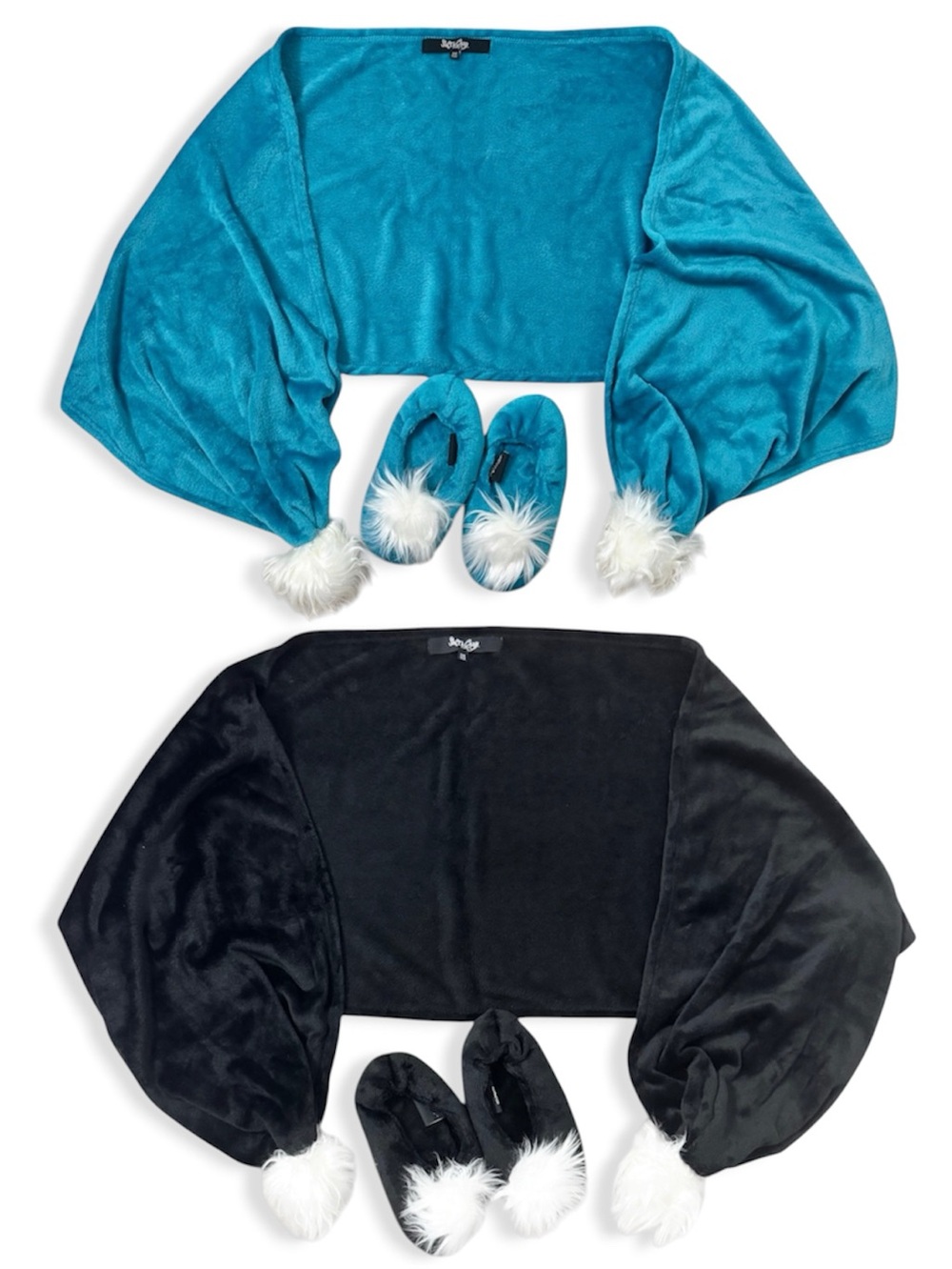 HSN Soft & Cozy Reader’s Wrap & Slippers Sets Pompom Velvet Turquoise Black NWT